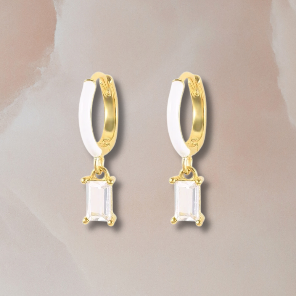 Sadie White Enamel Baguette CZ Huggie Earrings