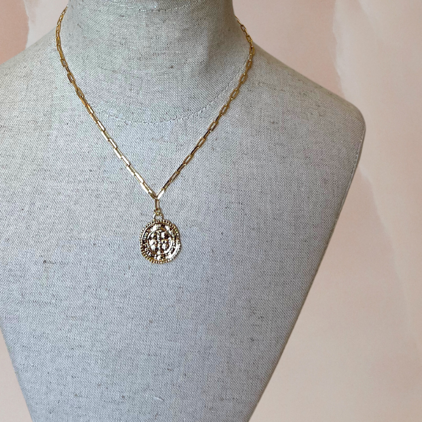 Benedict Rustic Cross Coin Medallion Paperclip Necklace