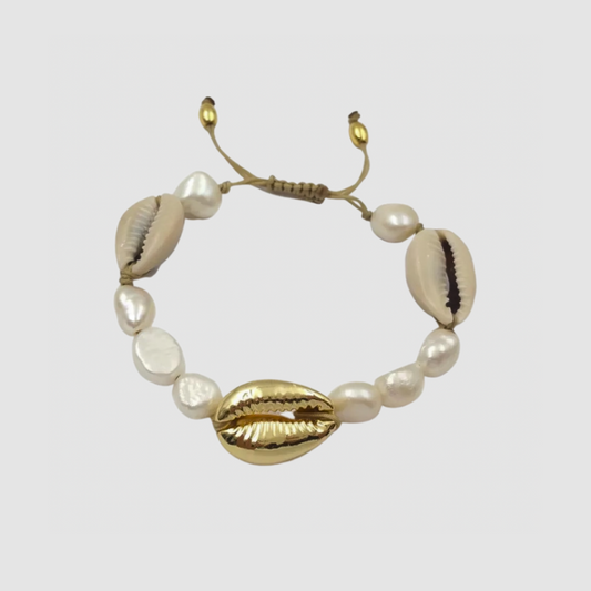 Sandy Cowrie Shell and Pearls String Bracelet