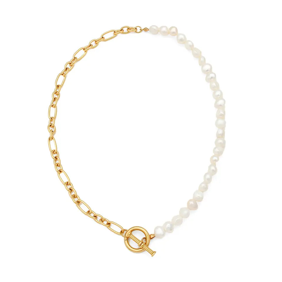 High Quality Gold Plated OT Clasp Half Pearl Necklace Jewelry Handmade Half  Pearl Half Chain Necklace For Women - Buy High Quality Gold Plated OT Clasp Half  Pearl Necklace Jewelry Handmade Half