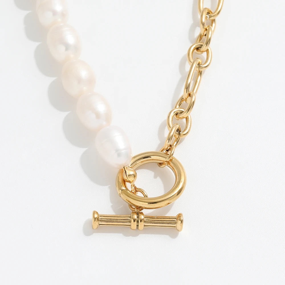 18K gold plated half pearl & half chain necklace – WantandWardrobe